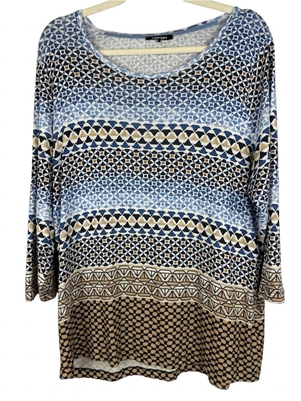 Olsen Boho Geometric Tile Print Scoop Neck 3/4 Sleeve Cotton Top Size XL
